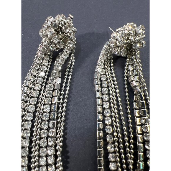Rhinestone Ball Chain Tassel Earrings Post 4" Drop Lovers Knot Glamour Holidays - Picture 2 of 14